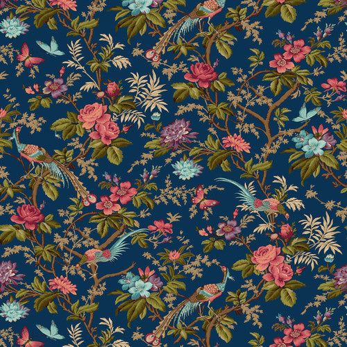 Henry Glass Fabrics - Bucklebury Chintz - Main Birds Prussian Blue